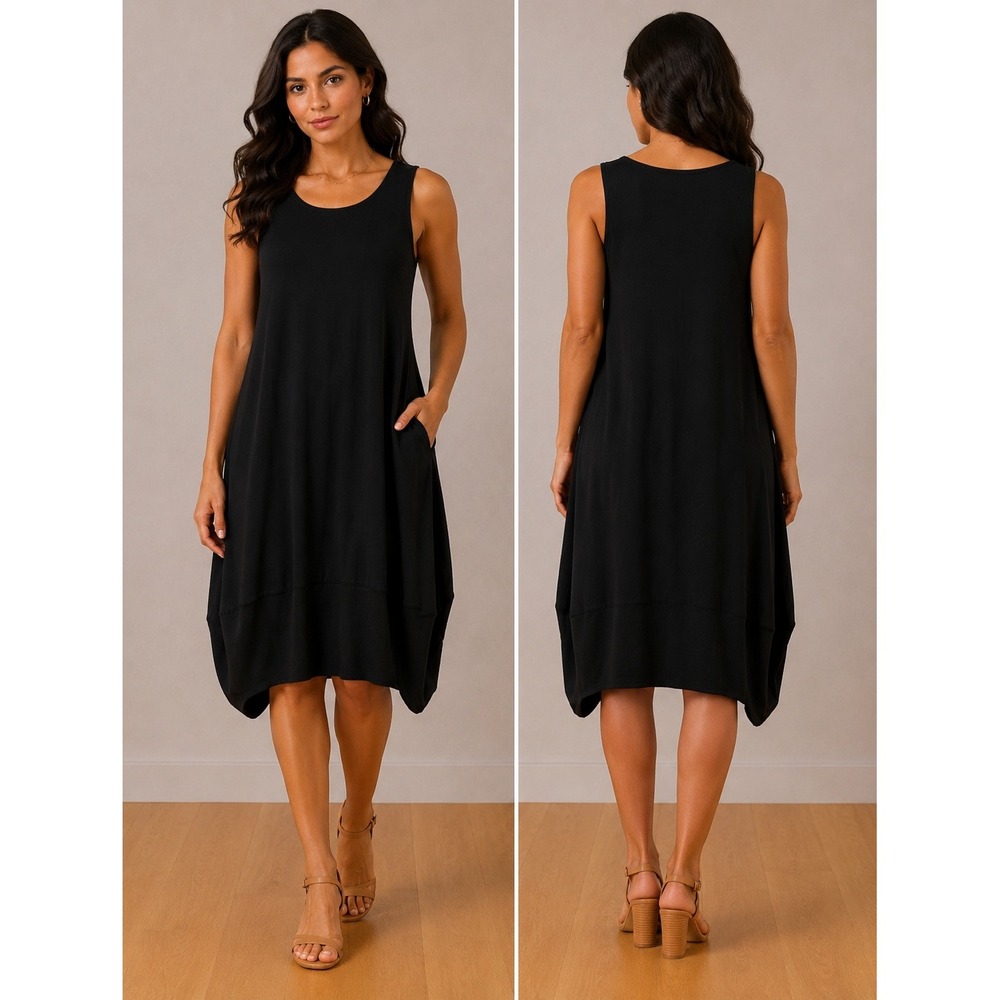 MarlaWynne Black Sleeveless Bubble Midi Dress with Pockets Petite Medium PM NEW